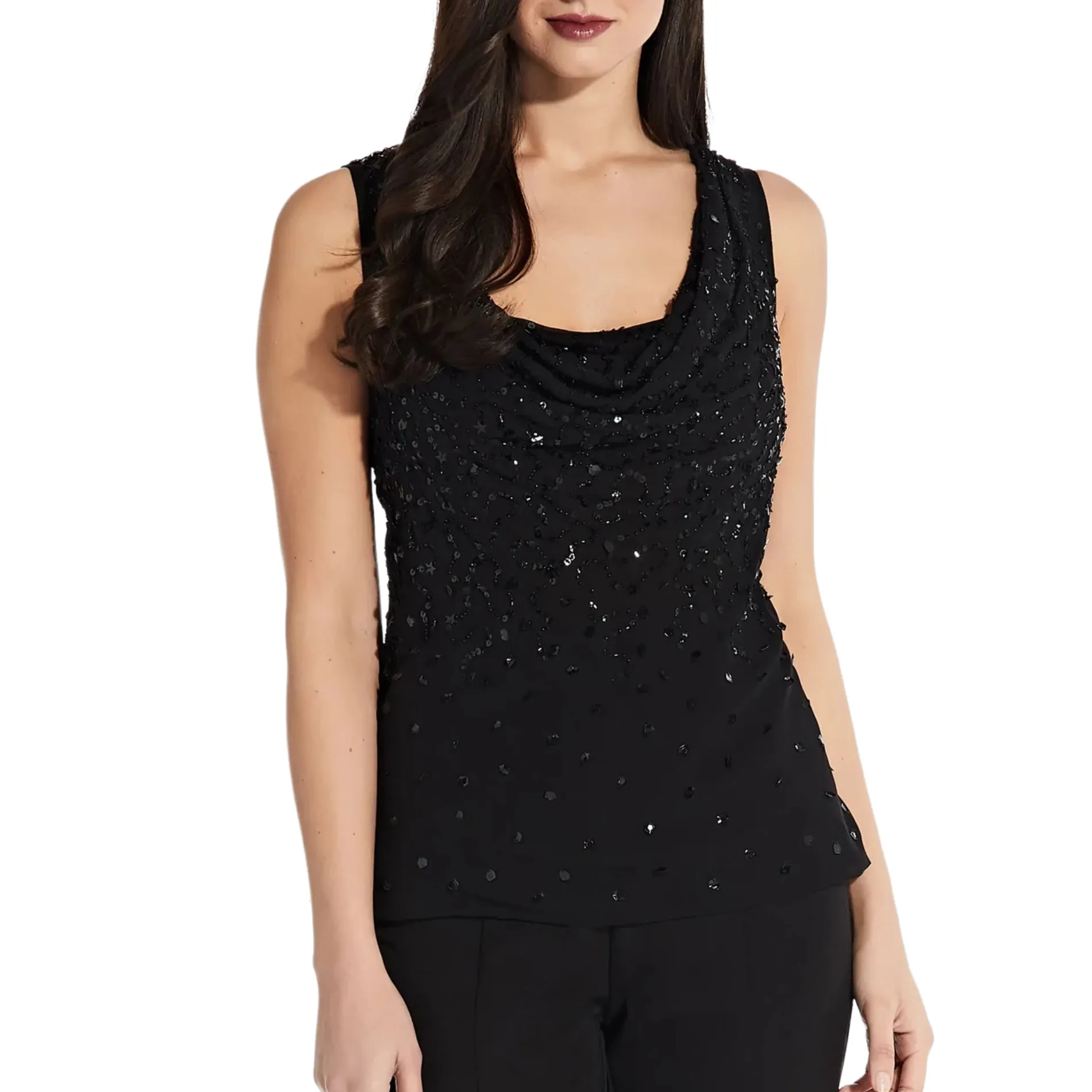 ADRIANNA PAPELL Women's Beaded Sequin Cowl Neck Top Party Blouse