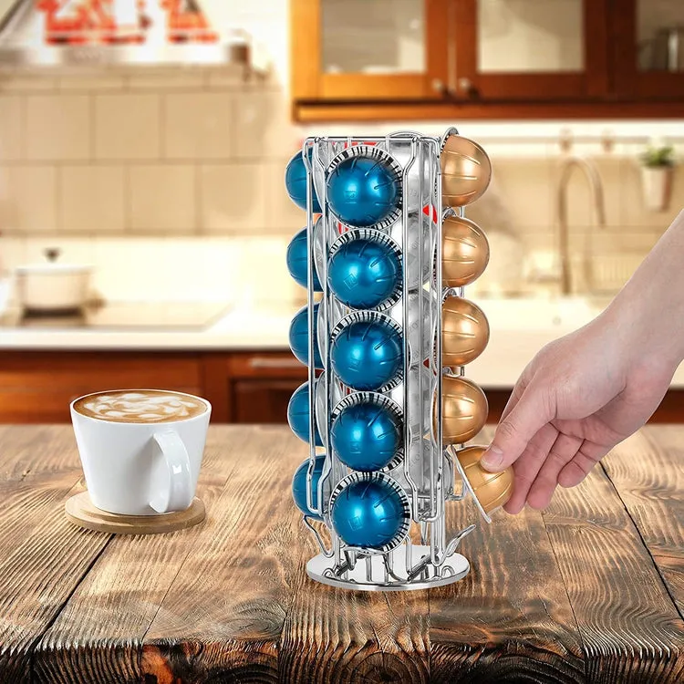 Chrome-Plated Rotating Coffee Pod Dispenser, 20 Capsule Capacity
