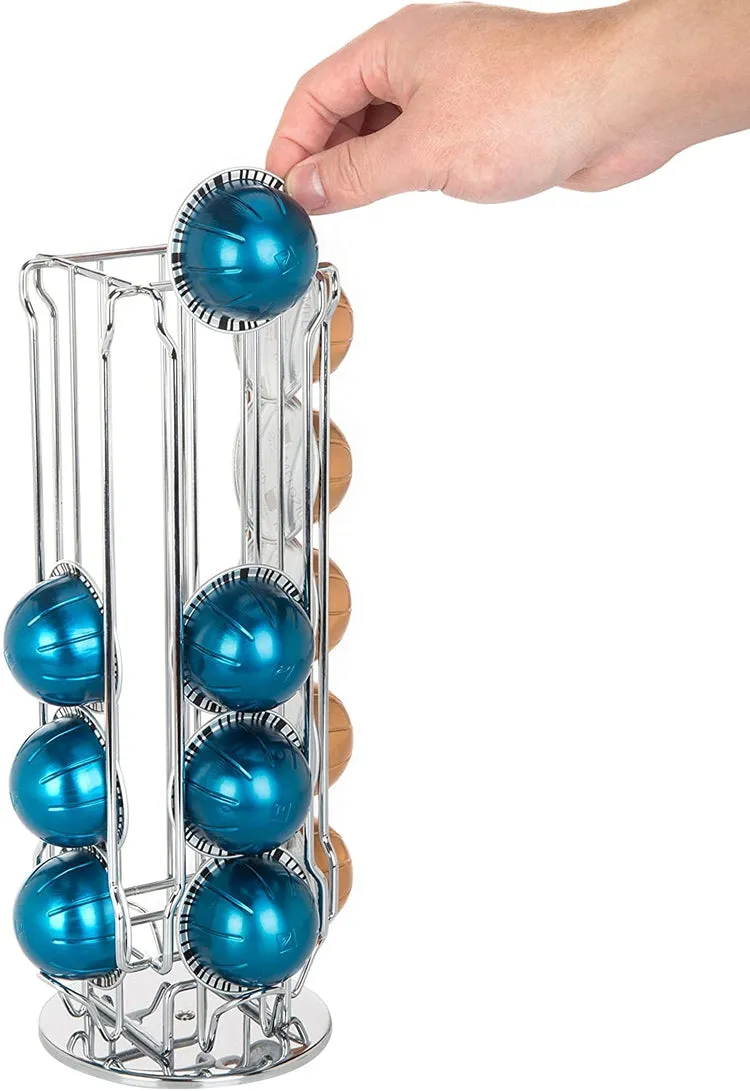 Chrome-Plated Rotating Coffee Pod Dispenser, 20 Capsule Capacity