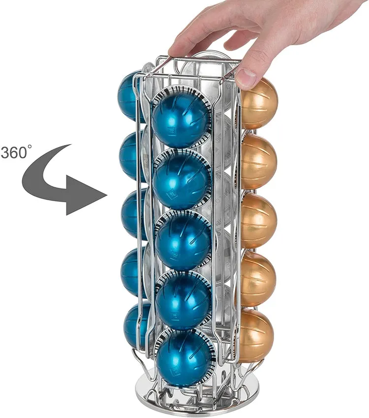 Chrome-Plated Rotating Coffee Pod Dispenser, 20 Capsule Capacity
