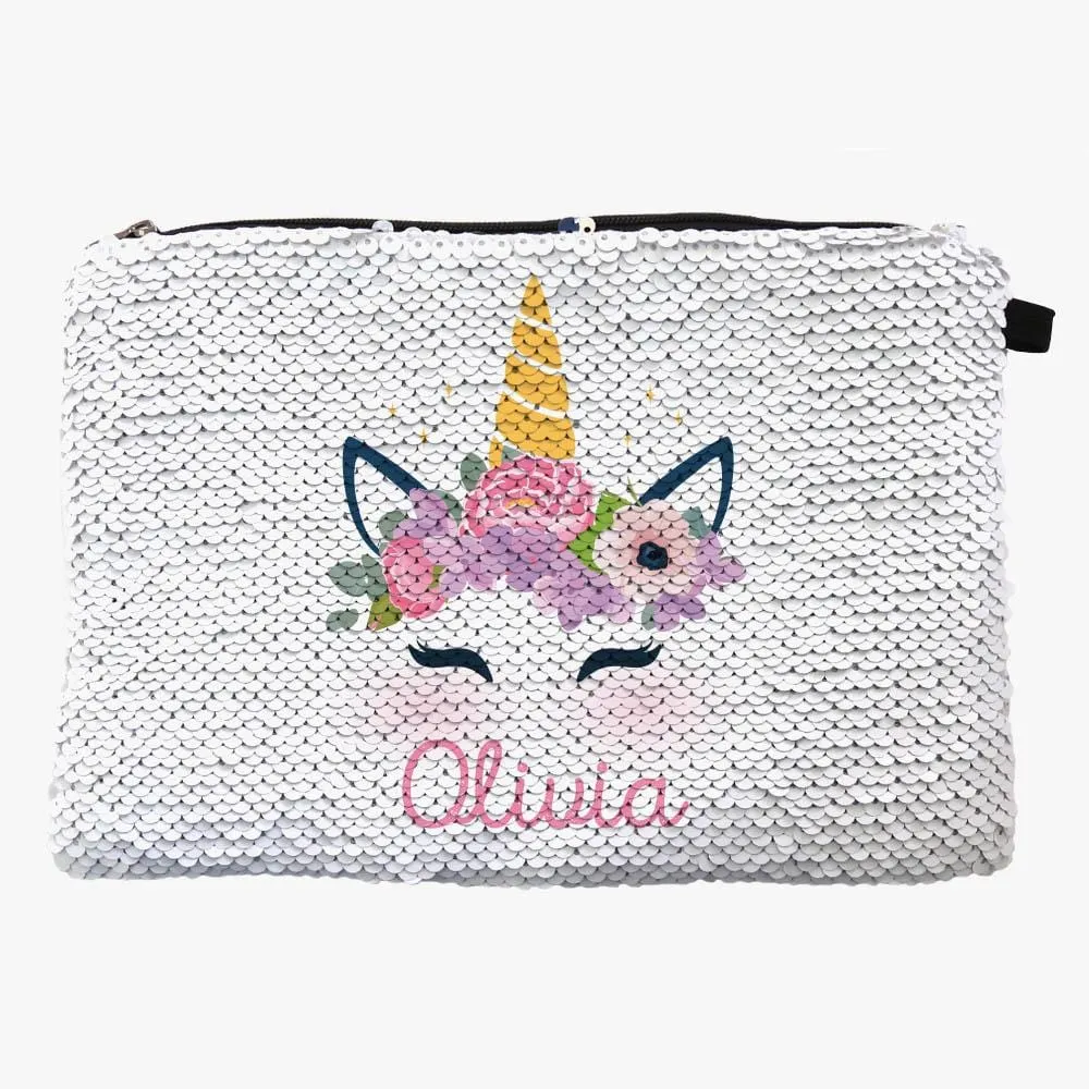 Customized Sequin Unicorn Kids Accessory Pouch Bag | School Pencil Bag