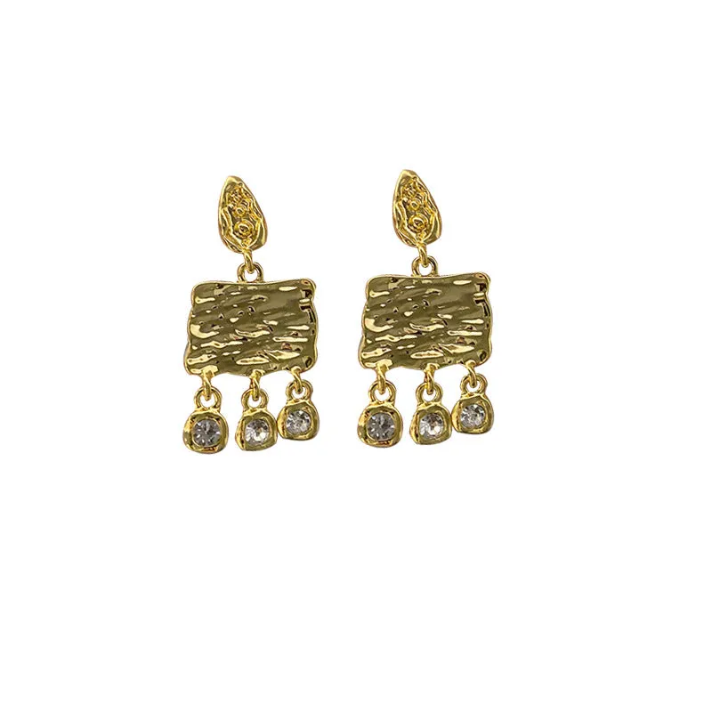Gold Textured Dangle Earrings with Crystal Charms-jlt11858
