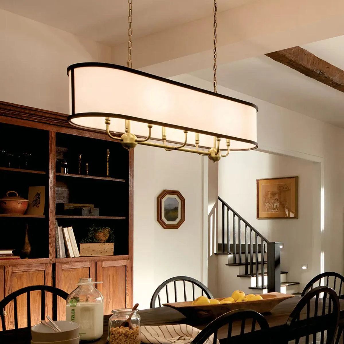 Heddle 43" 8-Light Linear Chandelier with Fabric drum shade, Brass and black Finish