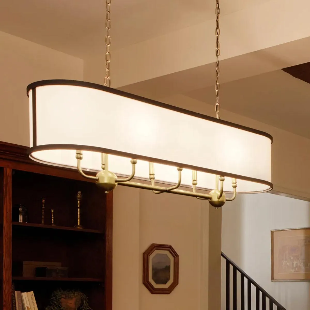 Heddle 43" 8-Light Linear Chandelier with Fabric drum shade, Brass and black Finish