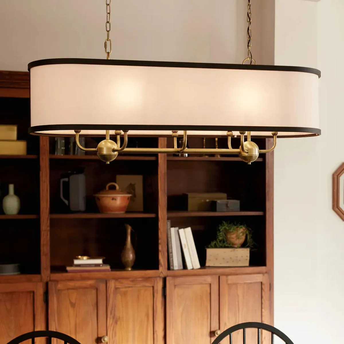 Heddle 43" 8-Light Linear Chandelier with Fabric drum shade, Brass and black Finish