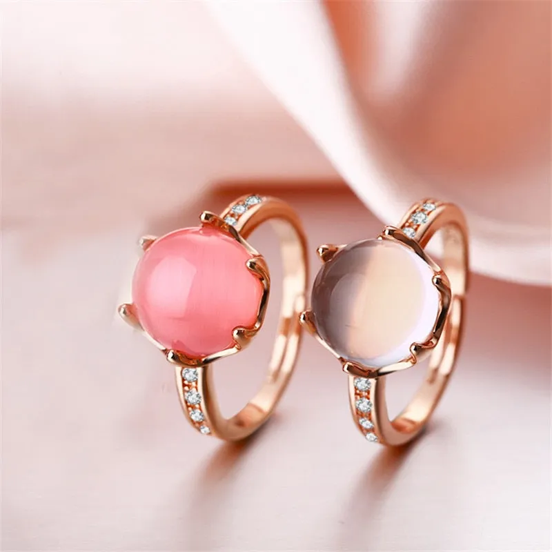 MOONROCY Rose Gold Color CZ Sweet Ross Quartz Crystal Pink Opal Jewelry Rings