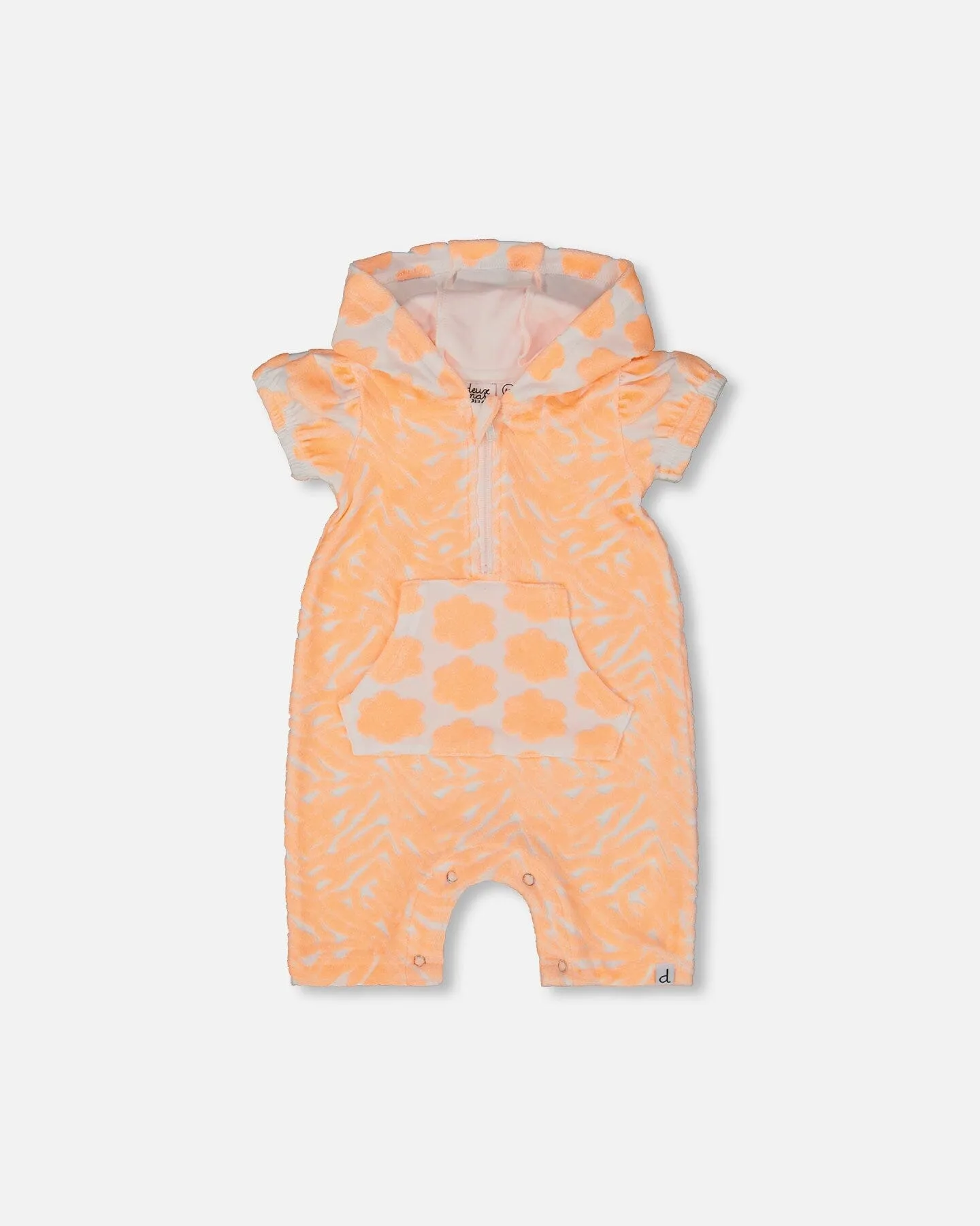 Printed Terry Romper With Hood Vibrant Orange And White
