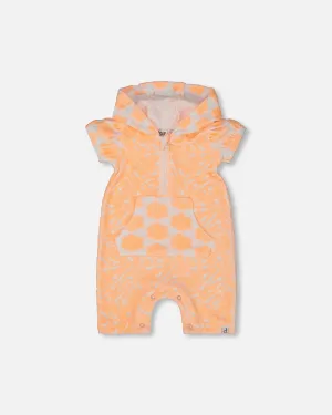 Printed Terry Romper With Hood Vibrant Orange And White