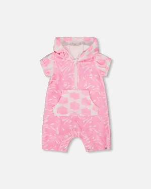 Printed Terry Romper With Hood Vibrant Pink And White