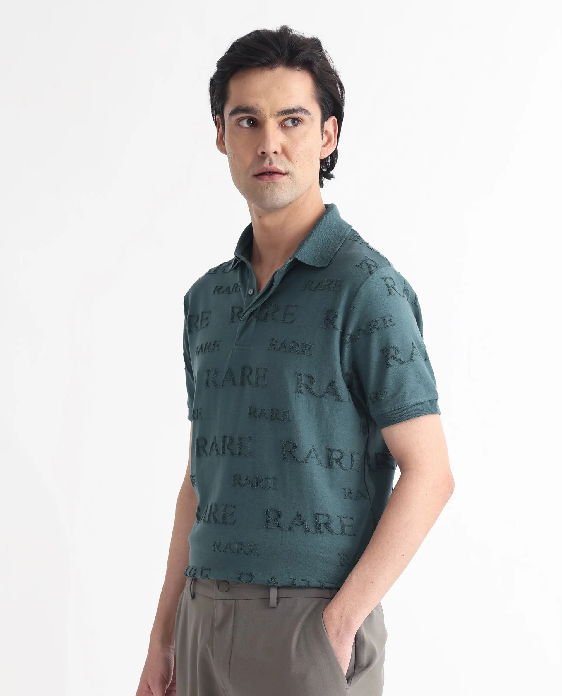 Rare Rabbit Men's Gesset-1 Dusky Green Cotton Fabric Collared Neck Half Sleeves Statement Polo T-Shirt