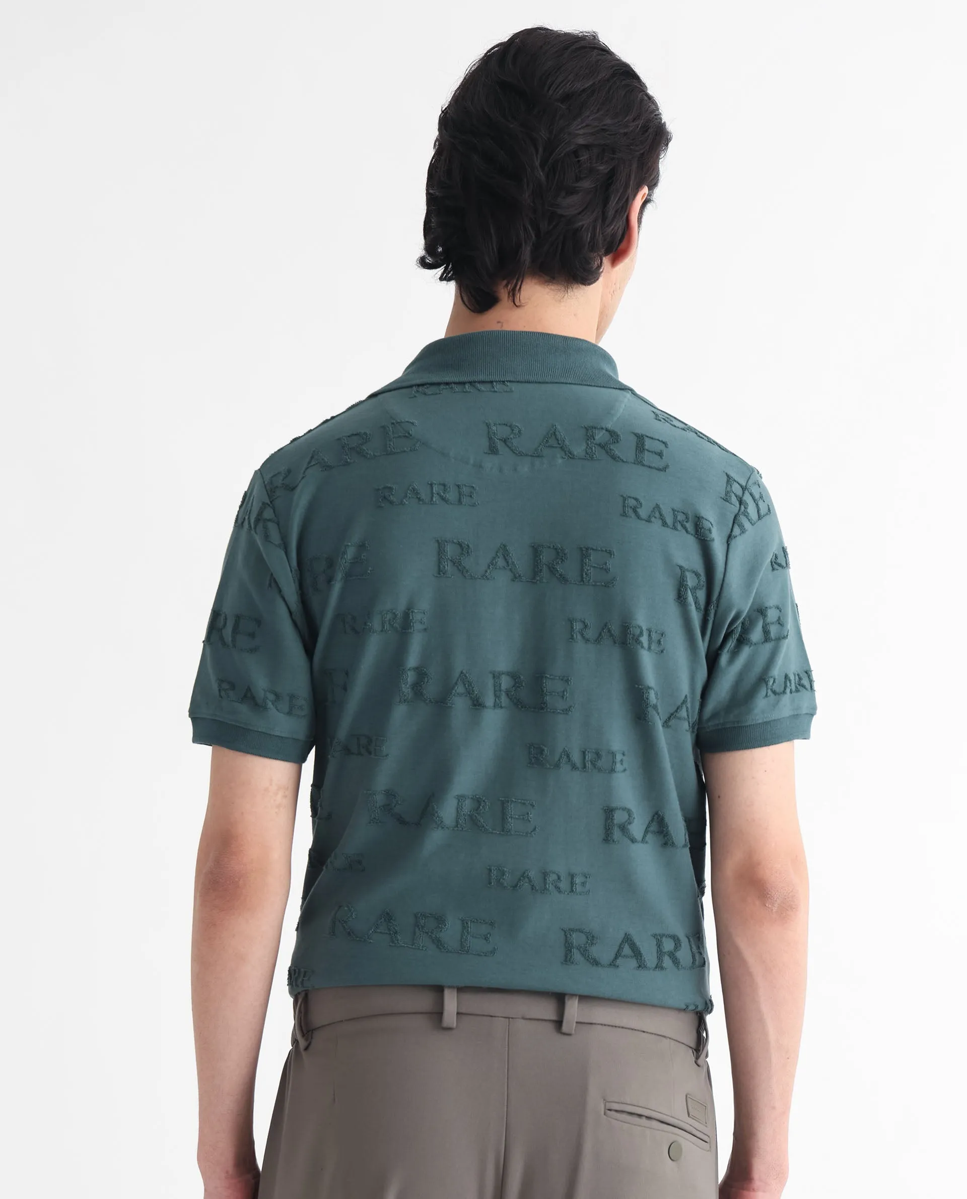 Rare Rabbit Men's Gesset-1 Dusky Green Cotton Fabric Collared Neck Half Sleeves Statement Polo T-Shirt