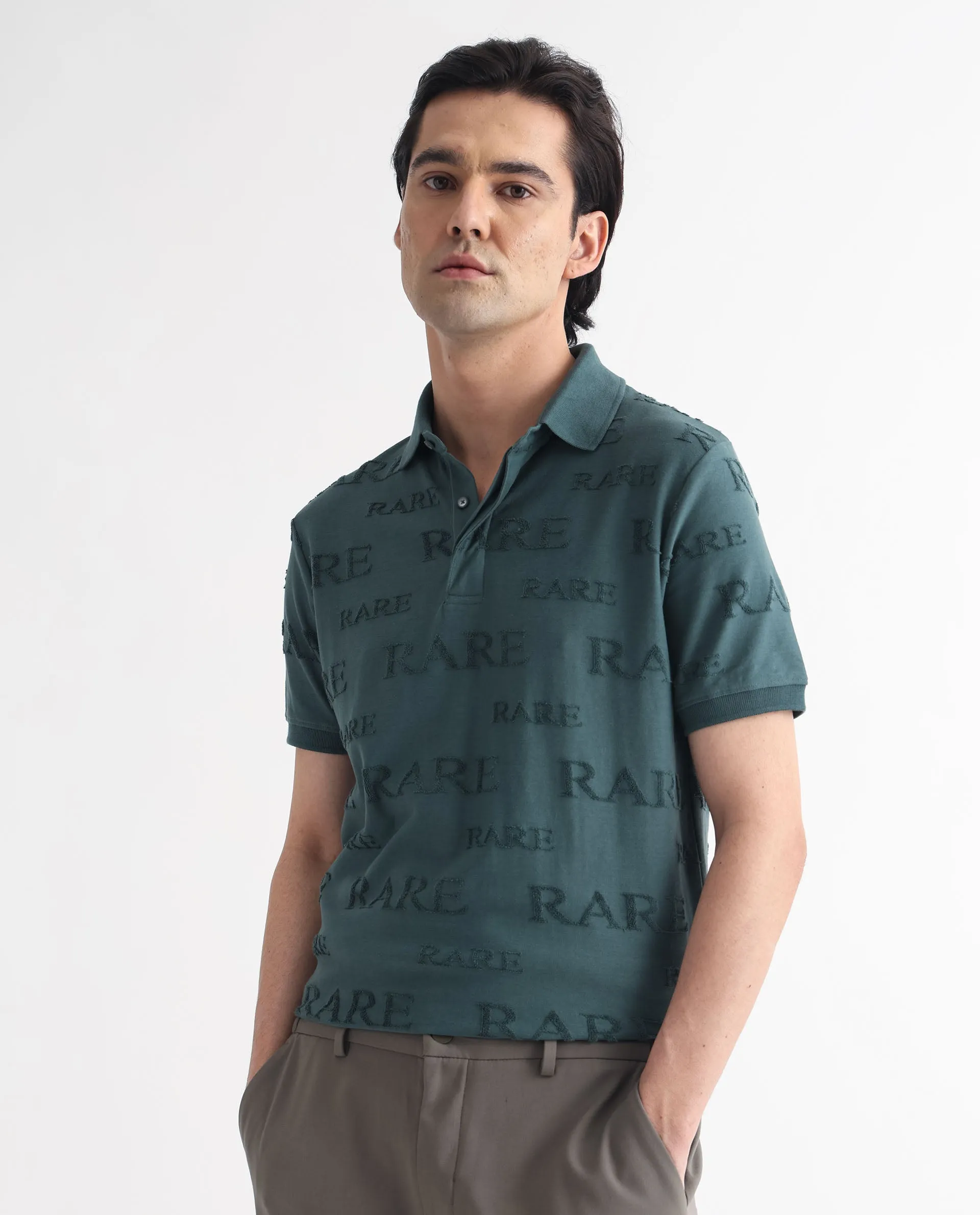Rare Rabbit Men's Gesset-1 Dusky Green Cotton Fabric Collared Neck Half Sleeves Statement Polo T-Shirt