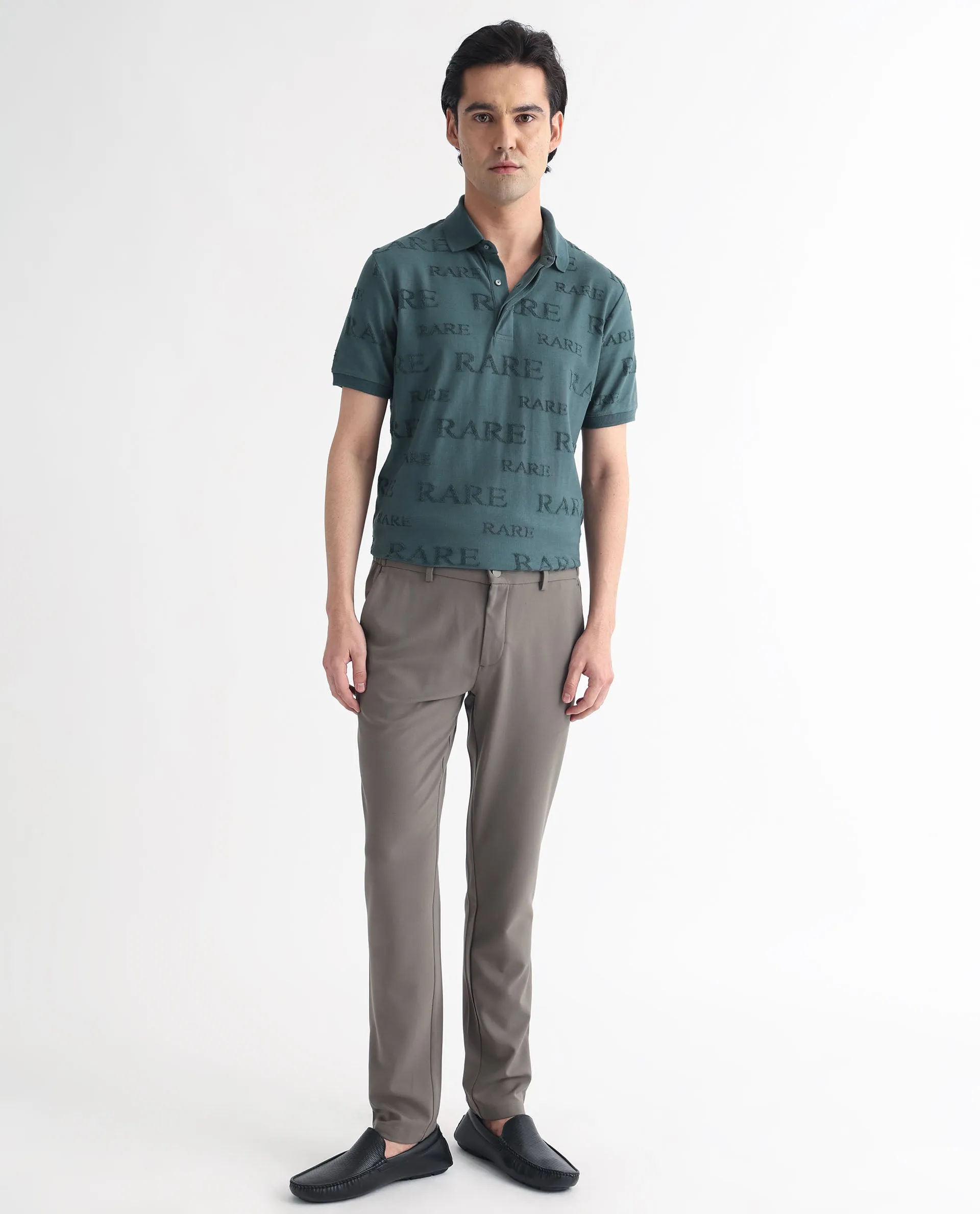 Rare Rabbit Men's Gesset-1 Dusky Green Cotton Fabric Collared Neck Half Sleeves Statement Polo T-Shirt