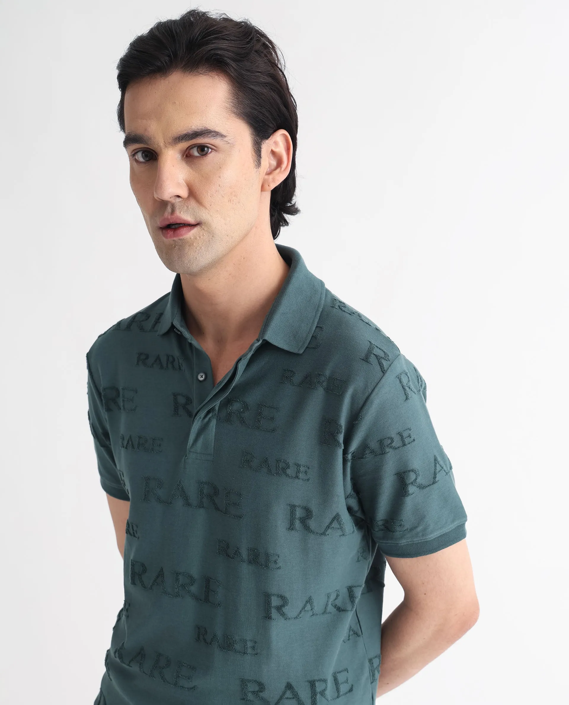 Rare Rabbit Men's Gesset-1 Dusky Green Cotton Fabric Collared Neck Half Sleeves Statement Polo T-Shirt