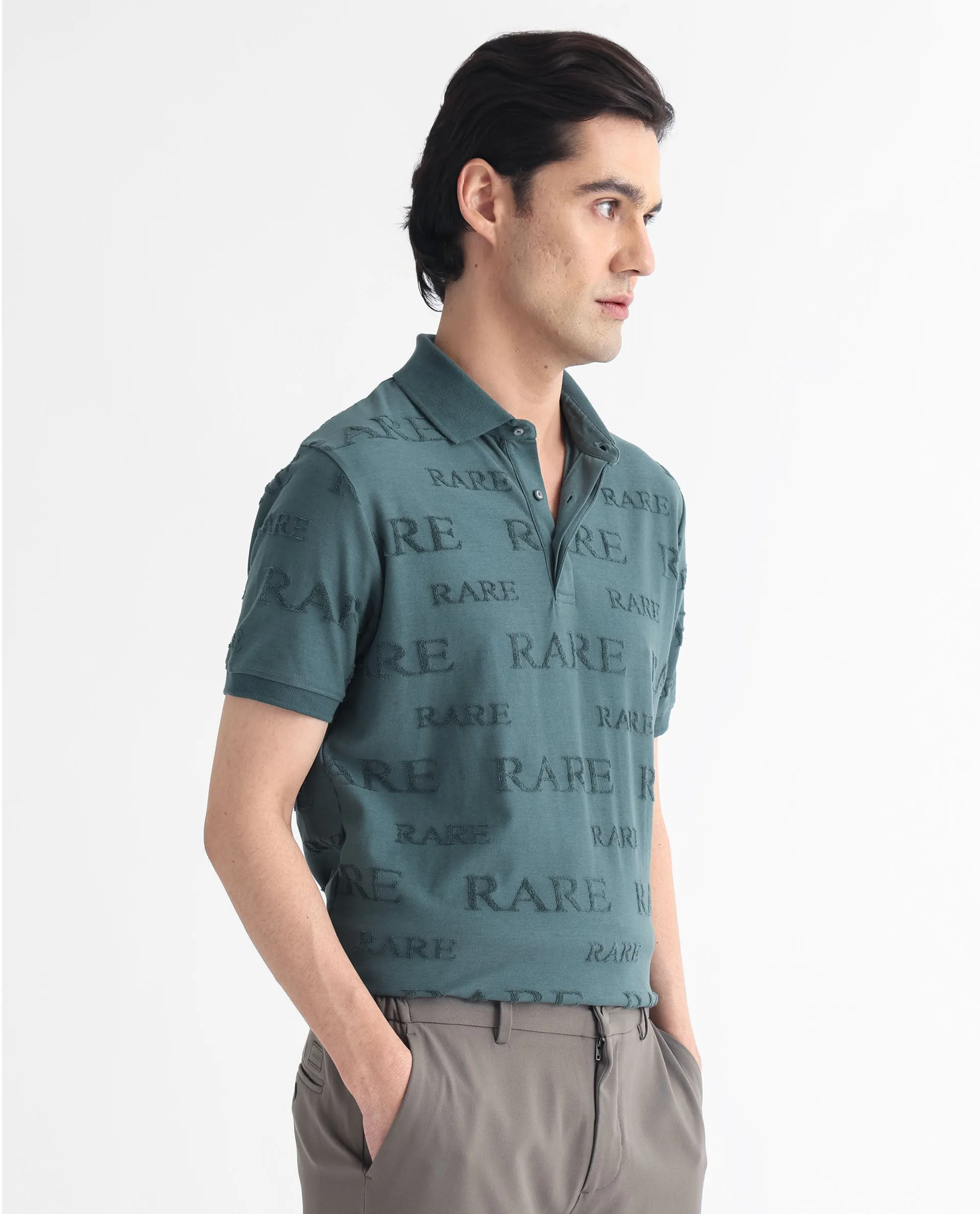 Rare Rabbit Men's Gesset-1 Dusky Green Cotton Fabric Collared Neck Half Sleeves Statement Polo T-Shirt