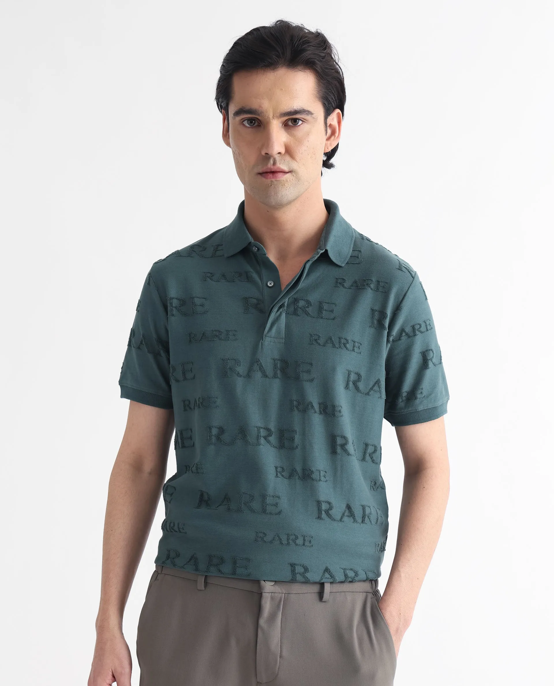 Rare Rabbit Men's Gesset-1 Dusky Green Cotton Fabric Collared Neck Half Sleeves Statement Polo T-Shirt