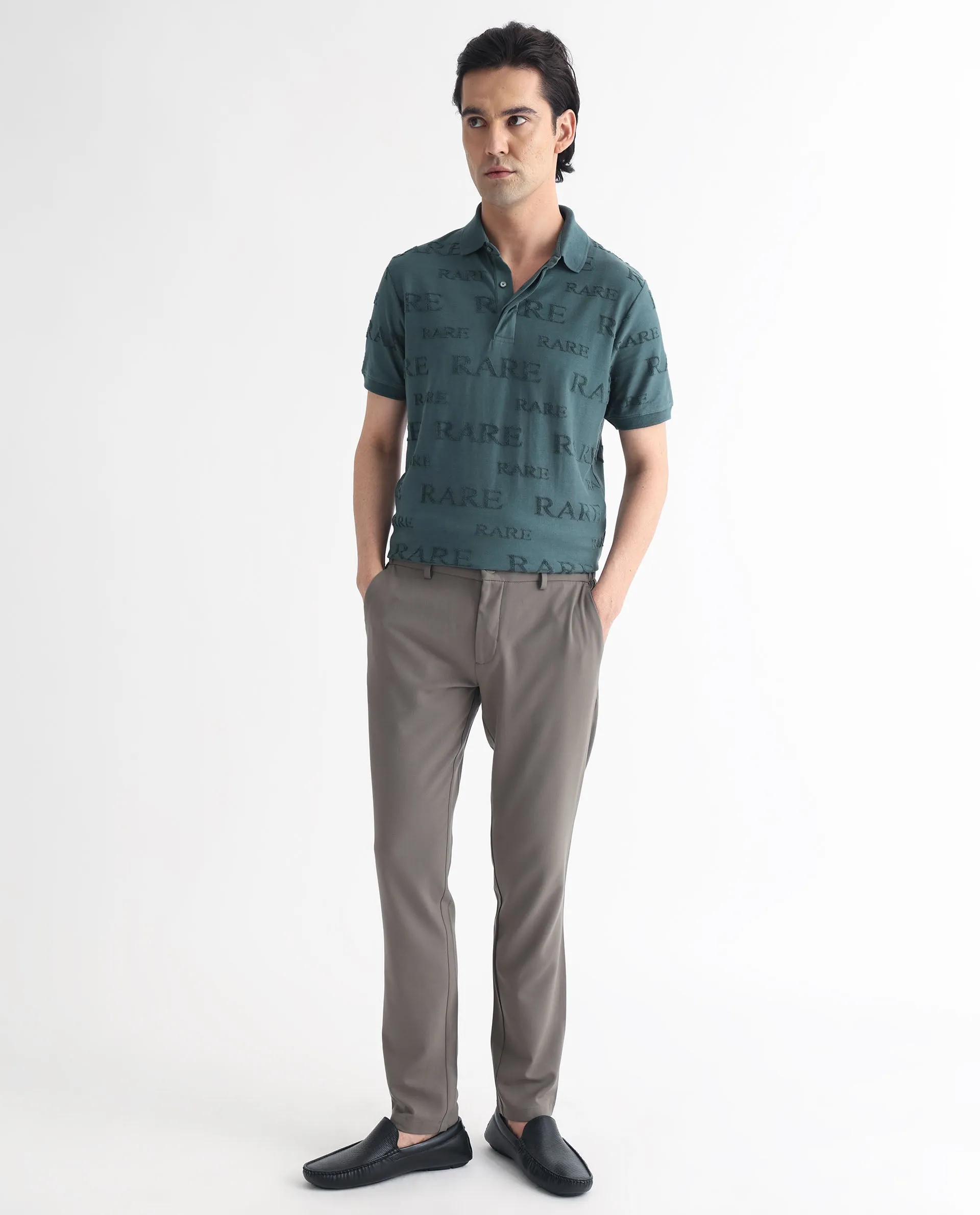 Rare Rabbit Men's Gesset-1 Dusky Green Cotton Fabric Collared Neck Half Sleeves Statement Polo T-Shirt