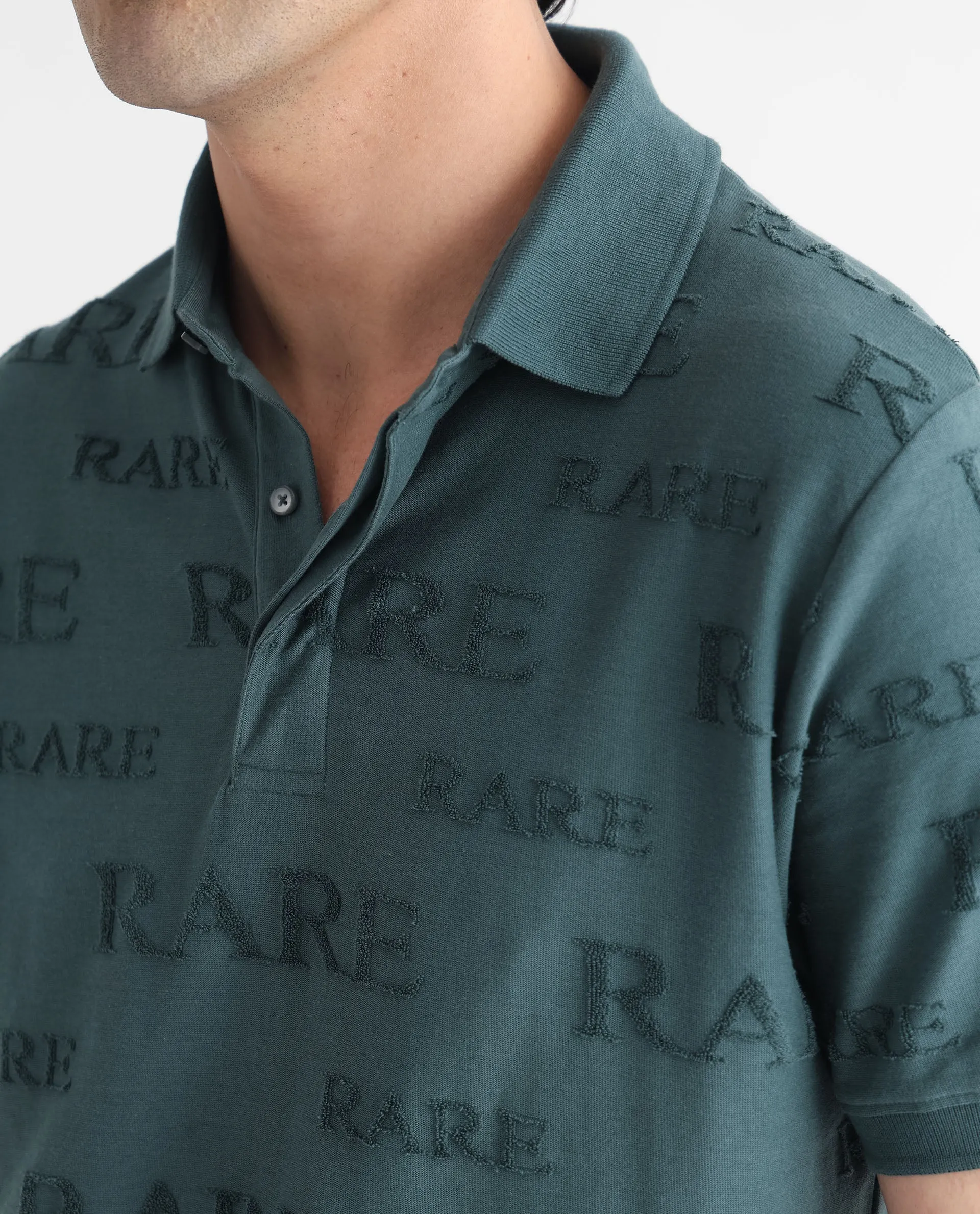 Rare Rabbit Men's Gesset-1 Dusky Green Cotton Fabric Collared Neck Half Sleeves Statement Polo T-Shirt
