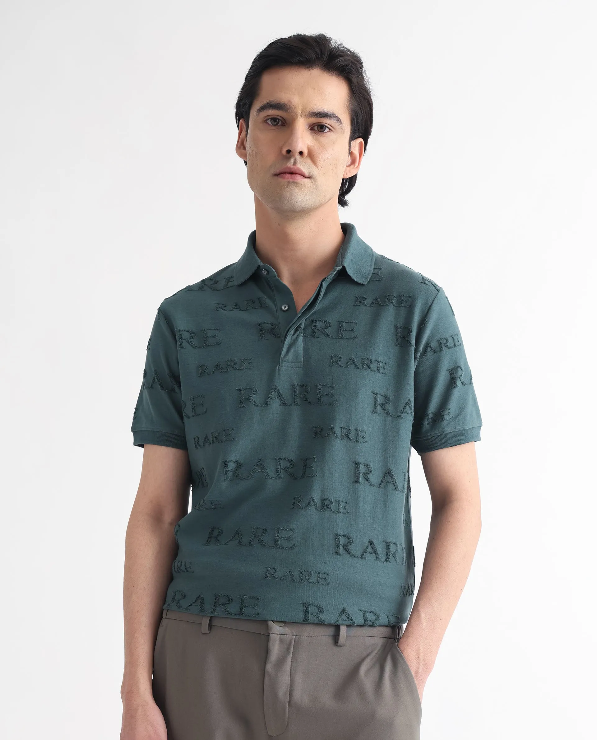Rare Rabbit Men's Gesset-1 Dusky Green Cotton Fabric Collared Neck Half Sleeves Statement Polo T-Shirt