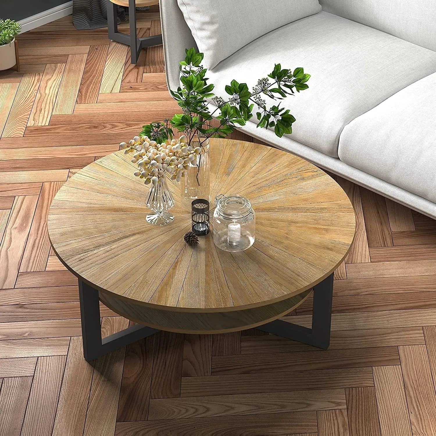 Round Coffee Table with Solid Wood Storage Circle Center Table Rustic Brown Coffee Table Wood N/A Rustic Wood Coffee Tables, End Tables